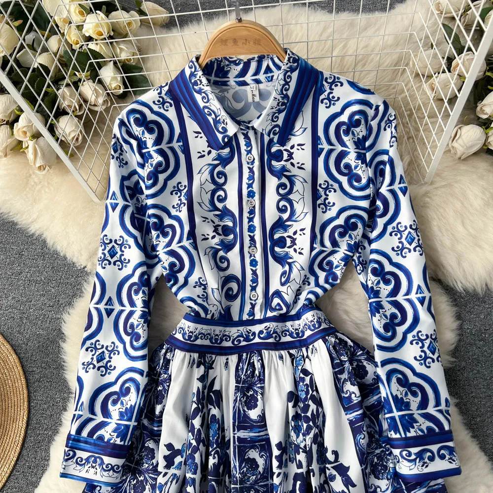 Autumn Runway Vintage Floral Print Midi Dress Women\'s Turn Down Neck Long Sleeve High Street Casual Party A-Line Shirt Dress