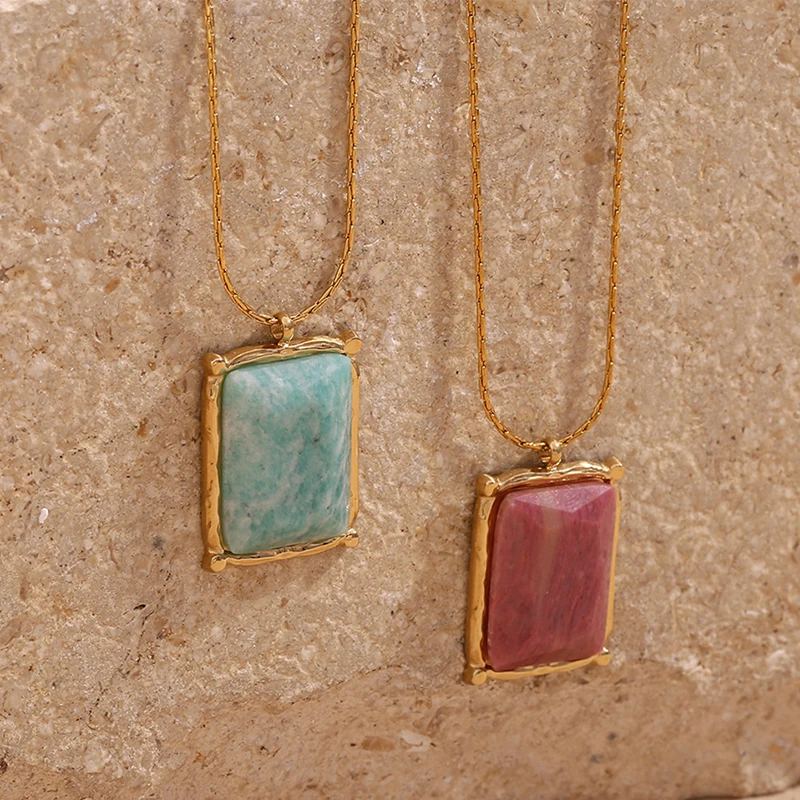 

PRISCA | Women Rectangular Natural Stone Necklace. Stainless Steel. 18k Gold Vintage Jewelry. New