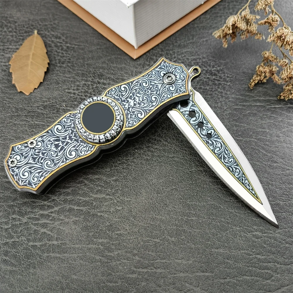 Folding Knife Auxiliary Quick Open 5Cr13Mov Blade Art Pattern 420 Steel Handle Outdoor Knife Tactical Multi Tool Spiral Toys