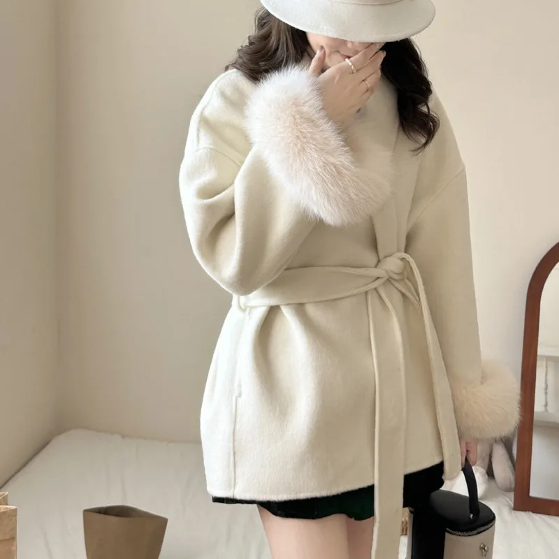 HKSH Autumn Winter New Women Coat Long Sleeved Patchwork Fur Sashes Elegant Fashion Office Lady Double-Sided Wool Jacket HK12024