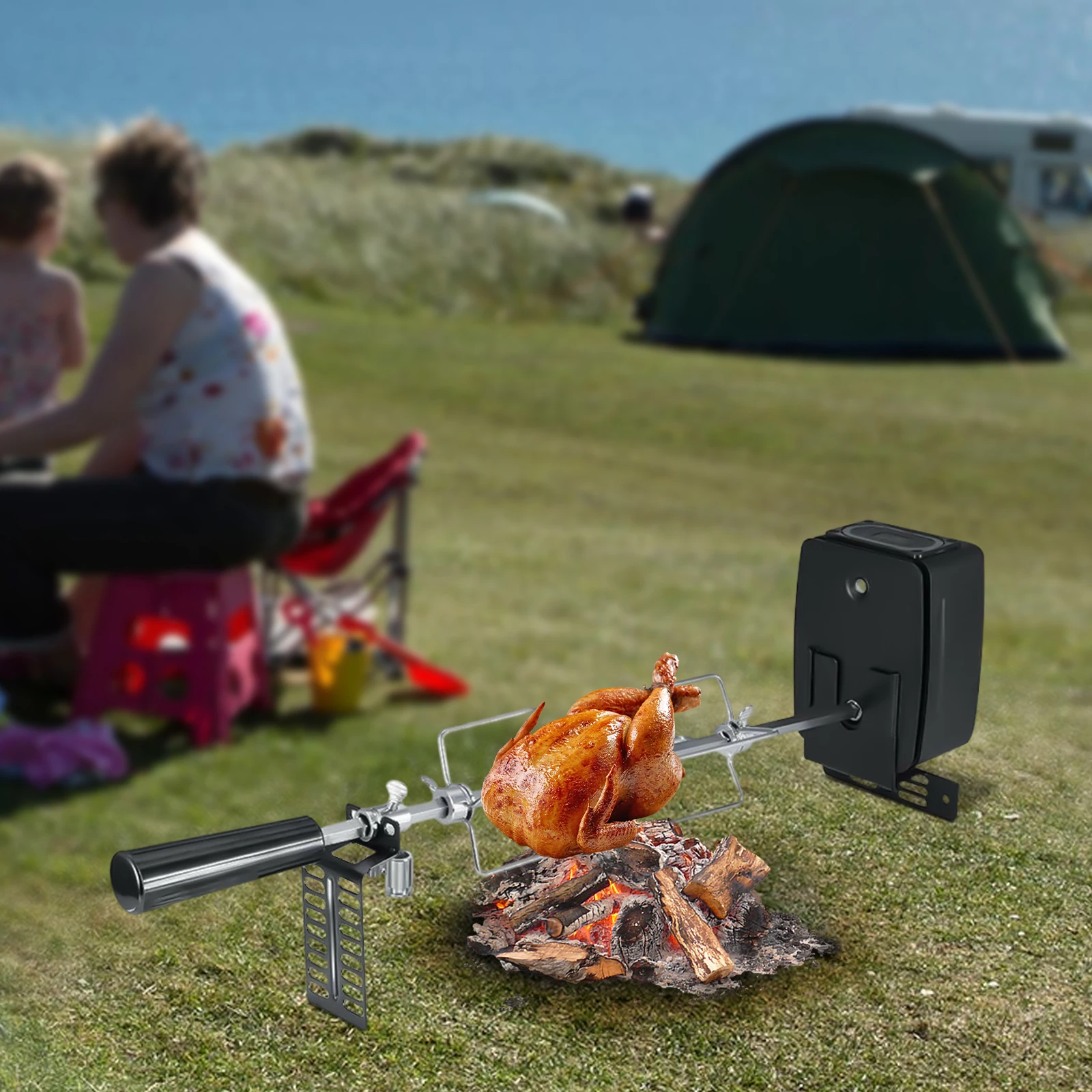 Electric Rotisserie Spit Set With Motor And 2 Gas BBQ Meat Forks Up To 10 Kg Of Evenly Distributed Food