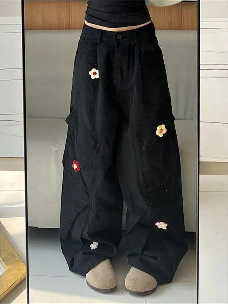 Jean de travail brodé rétro, grande taille, Design américain, ample, jambes larges, pantalon en Denim pour parachutiste, traînant le sol