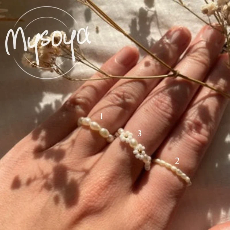 

MYSOYA White Freshwater Pearl Flower Ring Set 2-3mm With Gift Box For Her/Him Wedding/Birthday/Valentine's Day/Christmas Gift