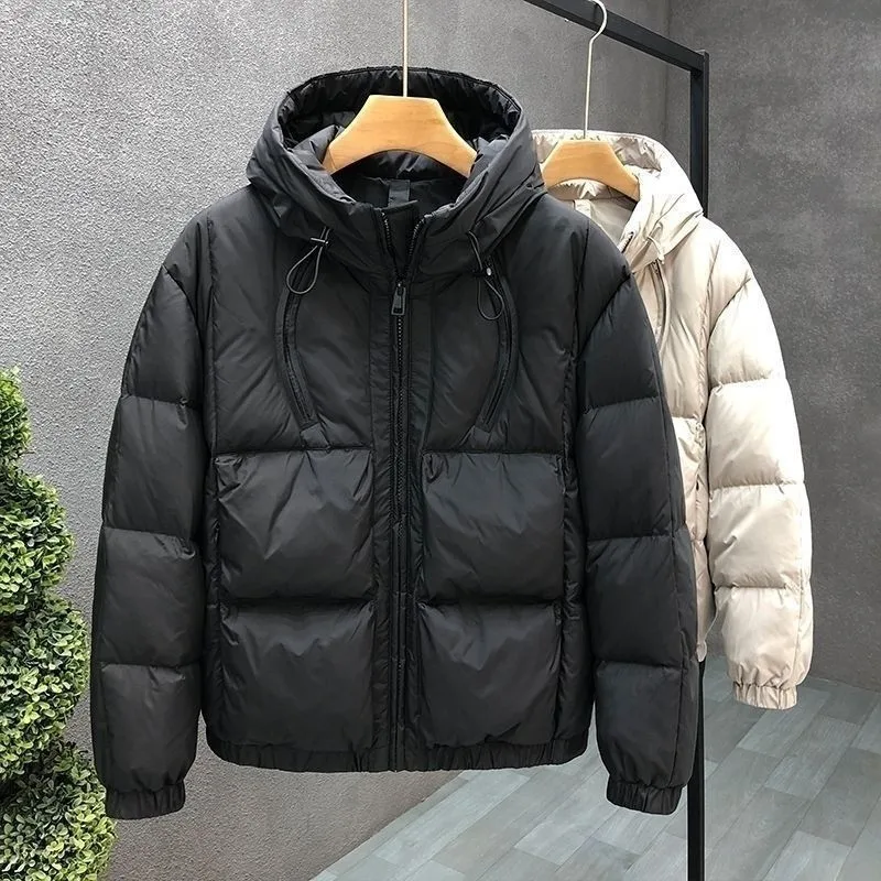 2026 Fashion Solid Color Down Cotton Jacket Men's Winter Short Pockets Hooded Coats Men Loose Cotton-padded Overcoats C955