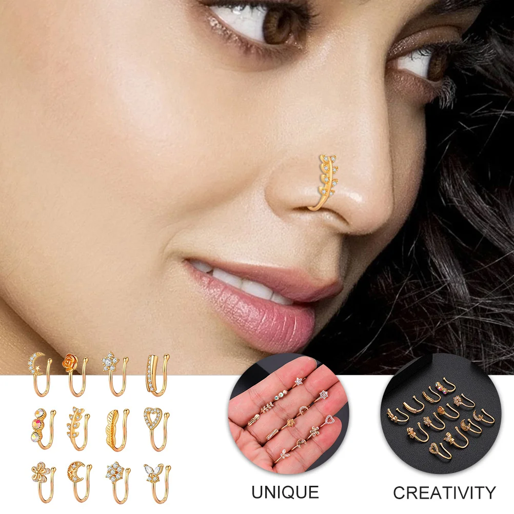

12Pcs No Piercing Nose Rings Zircon Nose Jewelry Exquisite Decorations Cool Fashion Party Dance Performance Accessory