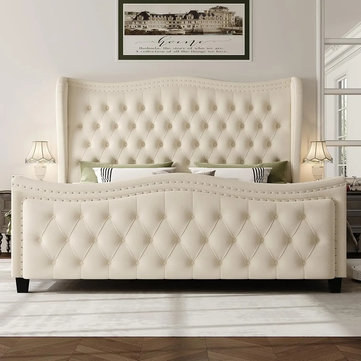 Queen Bed Frame, 55" Headboard Upholstered Bed with Tall Footbaord, Velvet Handmade Pleats Deep Button Tufted Wingback Platform