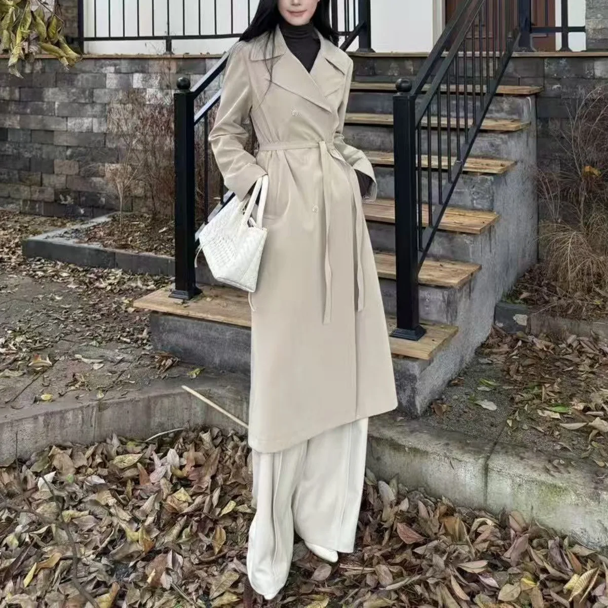 BJTZ Cappotto da donna di moda di media lunghezza 2025 Primavera Autunno Nuova giacca da donna da ufficio con temperamento in tinta unita con lacci e vita dentellata