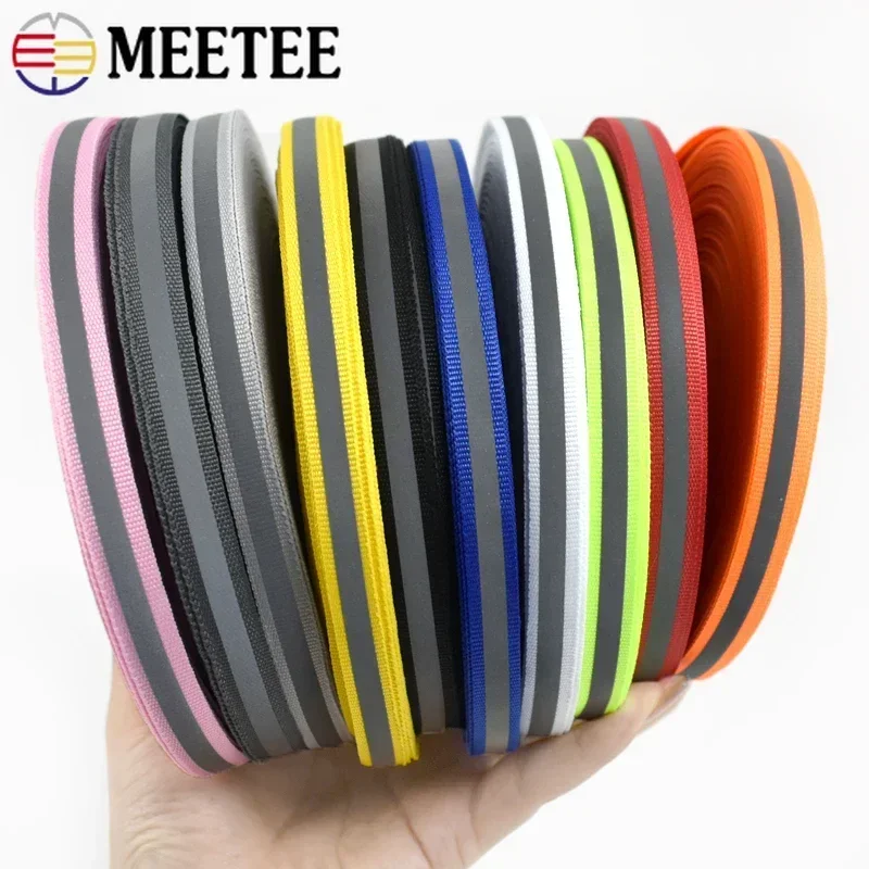 Meetee 50Yards 1cm Nylon Fluorescent Silver Reflective Webbing Ribbon Safe Warning Tape Trims DIY Garment Bag Clothes Material
