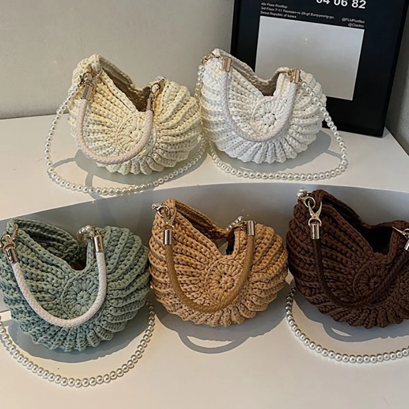 

Creative Conch Shaped Crochet Women Shoulde Bags Funny Cute Pearls Chains Handmade Weave Crossbody Bag Novelty Small Handbags