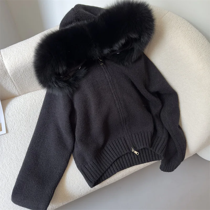 OFTBUY 2023 Fashion Autumn Winter Casual Hooded Real Fox Fur Collar Fashion Short Knitted Jacket with Natural Fur Coat for Women