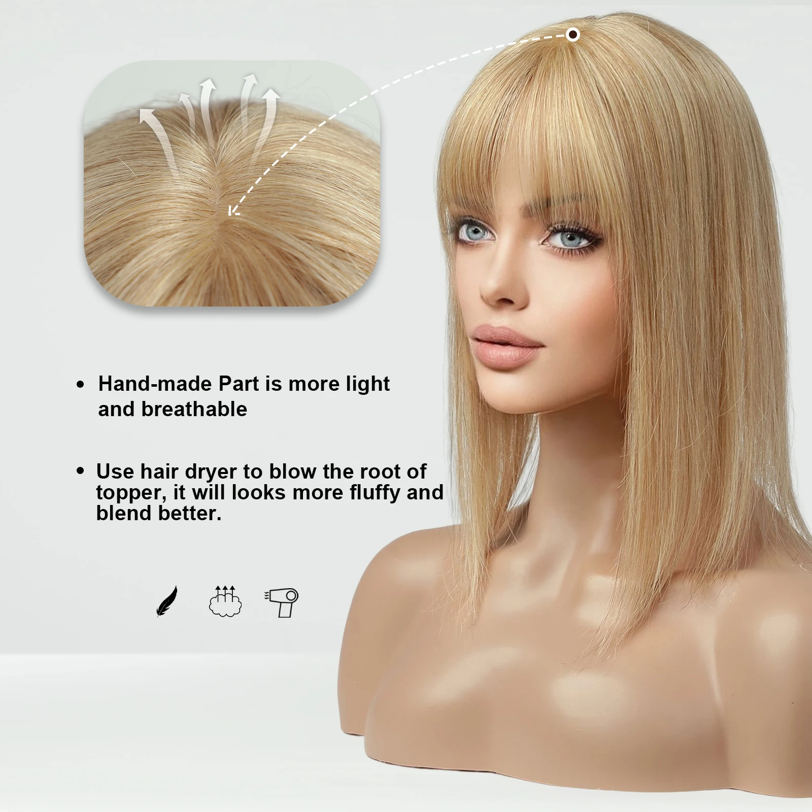 Toppers blonds Remy avec frange pour femmes, 100% cheveux humains, postiches, extensions de cheveux raides, clip de tête, utilisation 03