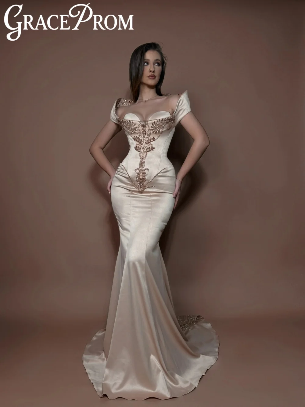 

Hand-sewn Beaded Satin Evening Dress Floor-length Off Shoulder Formal Party Gown 2026 Customized Elegant Mermaid Red Carpet Gown