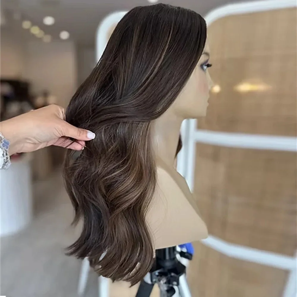 

Коричневые парики с мелированием, длинные, волнистые, термостойкие, 13x4 HD, с предварительно выщипанными прядями, синтетический парик с кружевной передней частью для косплея и вечеринок, для женщин