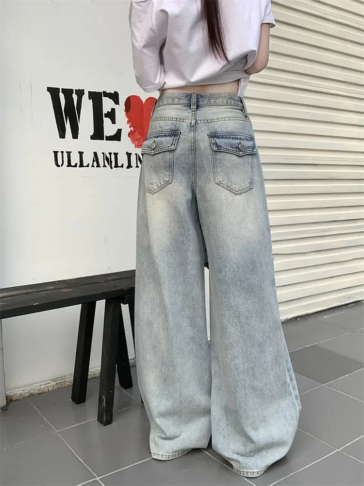 

American style retro washed distressed straight leg mop jeans women's summer high waisted loose fashion wide leg pants