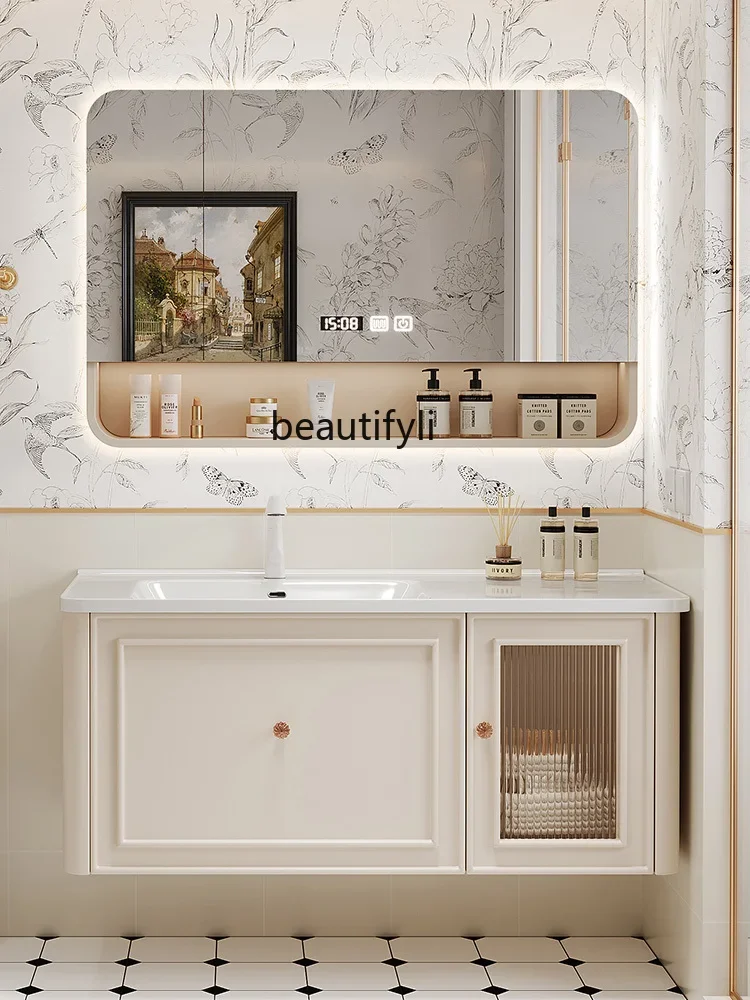 

YH French Cream Style Bathroom Cabinet Combination Ceramic Washstand Bathroom round Corner Mirror Smart