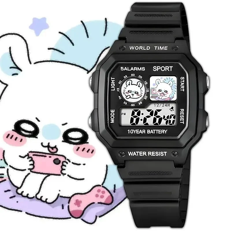 Cute Chiikawa Printed Square Digital Cartoon Watch Pure White Waterproof Multi Function Alarm Clock Wristwatch Perfect - view 3