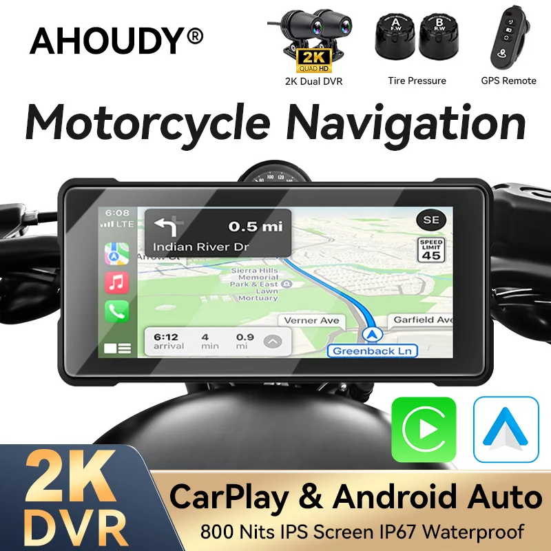 Ahoudy motocicleta carplay 6.86 Polegada tela gps portátil ip67 sem fio carplay android navegação automática da motocicleta à prova dwaterproof água