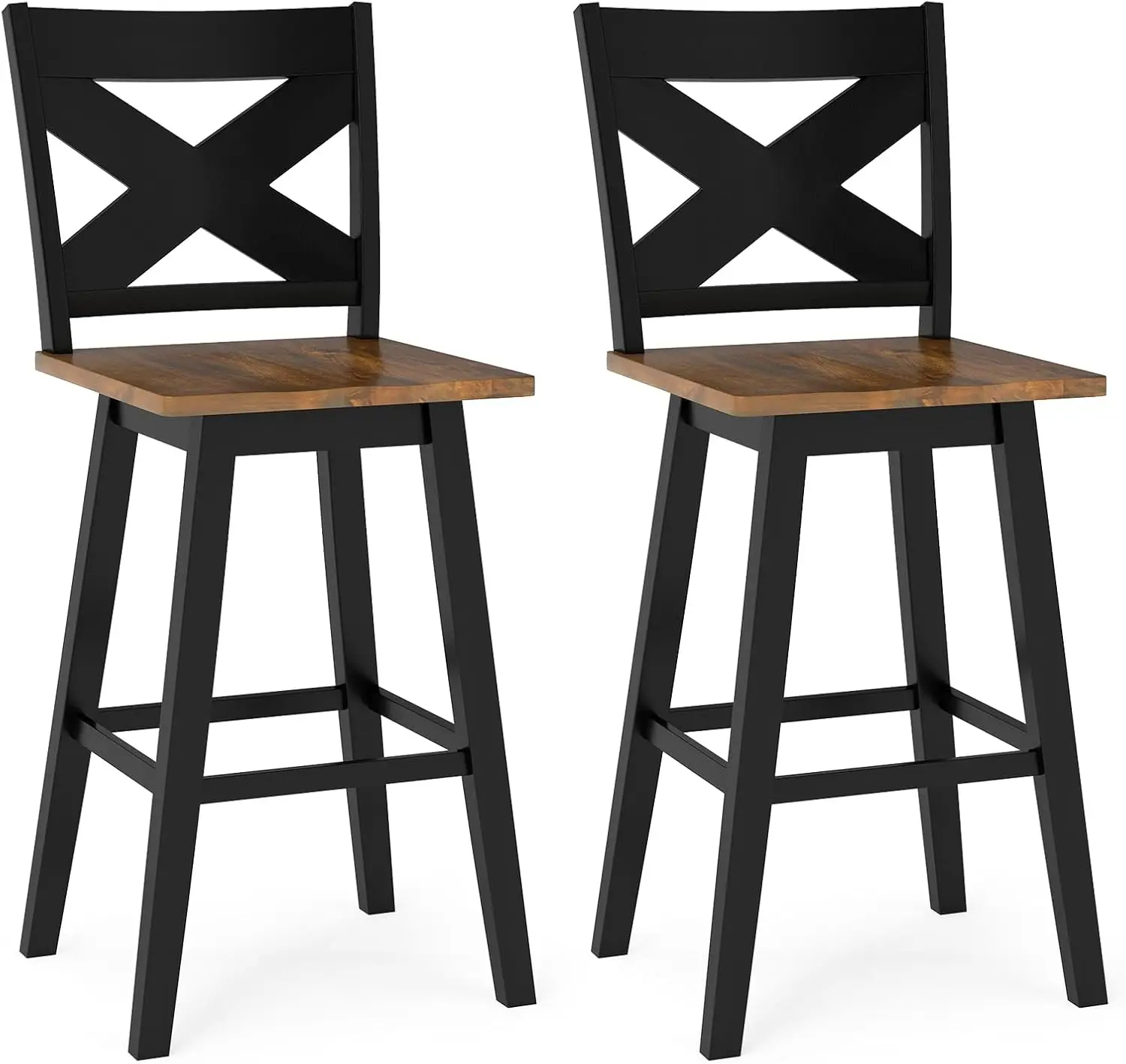 

29” Swivel Barstools Set of 2, Rubberwood Bar Height Chairs with Backrest & Large Seat, 360° Rotating High Top Seats with F