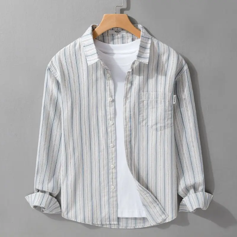 

Japanese Fresh and Retro Men Long-sleeved Striped Shirt in Autumn New Style and Versatile Loose and Comfortable JacketYY27