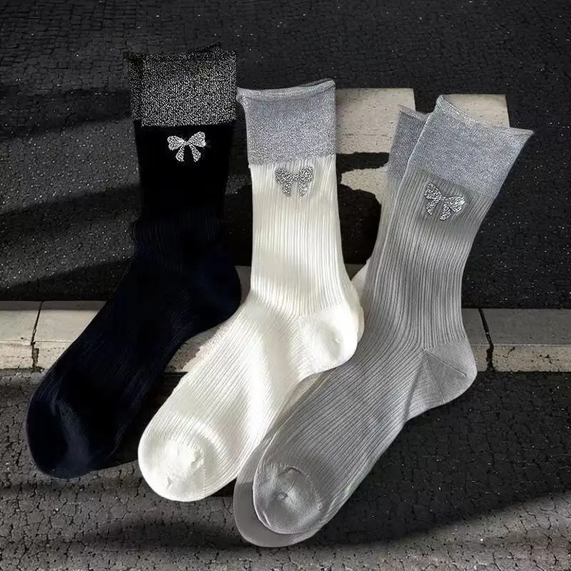 

1/3 pairs Elegant simple bow women's mid length socks summer new ultra-thin socks breathable trendy hollow out women's socks