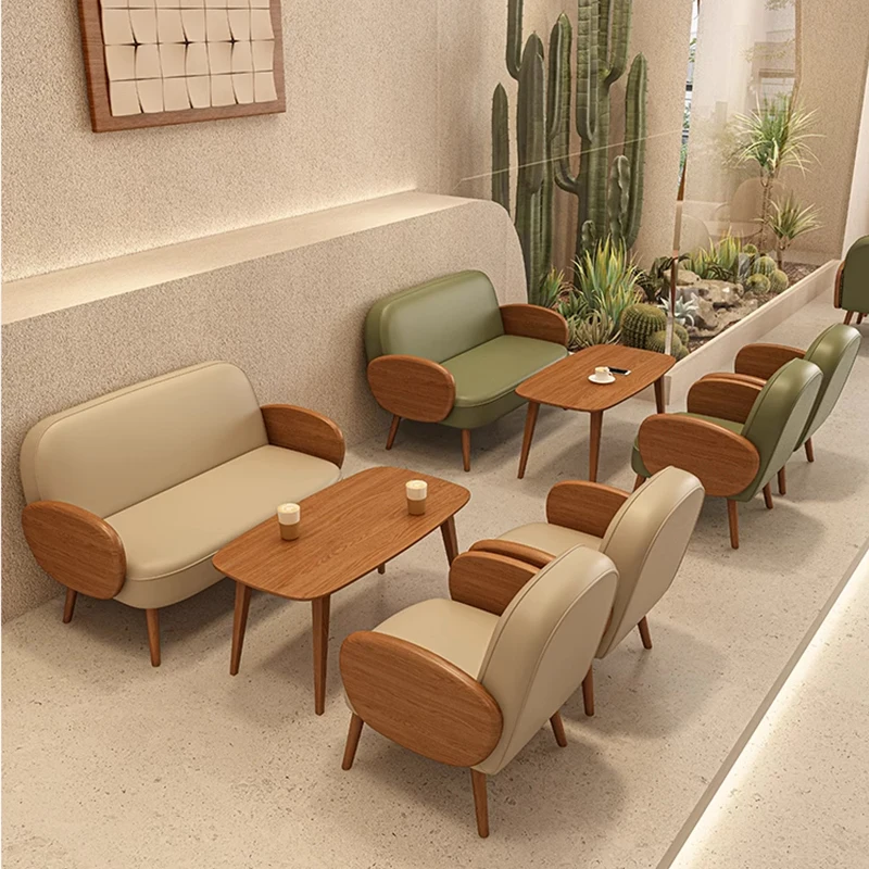 #Nordic Modern StyleCoffee Shop Wooden Rattan Leather Sofa Set Dessert Book Store Dining Table and Armchair Commercial Furniture