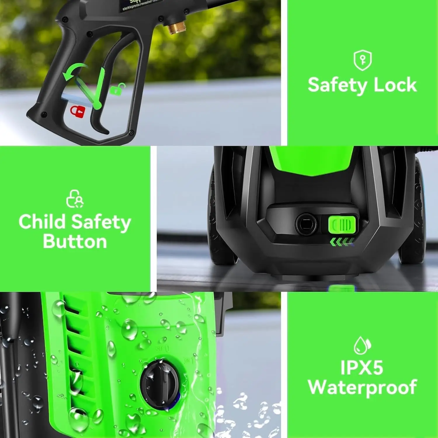 Krachtige drukreiniger met 4 mondstukken en zeepfles - Groen
