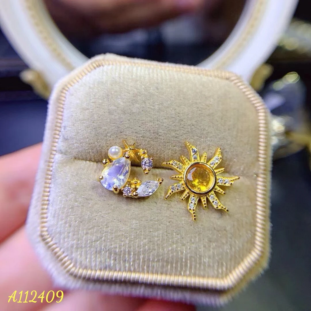

Natural Moon Stone Crystal Mixed with Sun Moon Shaped Women's Earrings S925 Pure Silver Precision Inlaid Cramosan Diamond