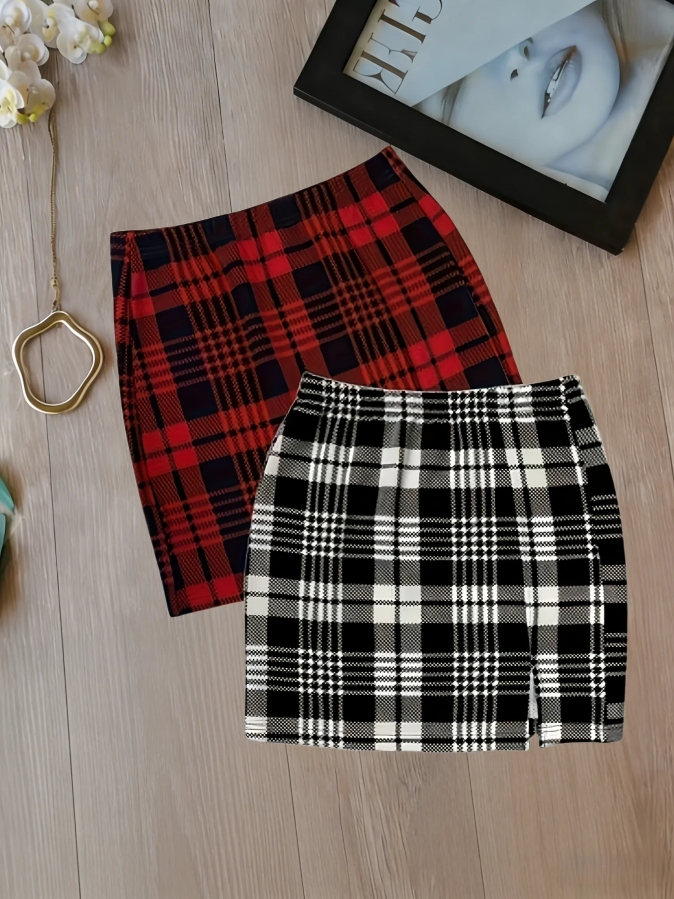 

Plus Size Women's 2 Piece Plaid Mini Skirt Set High Waist Bodycon Skirts