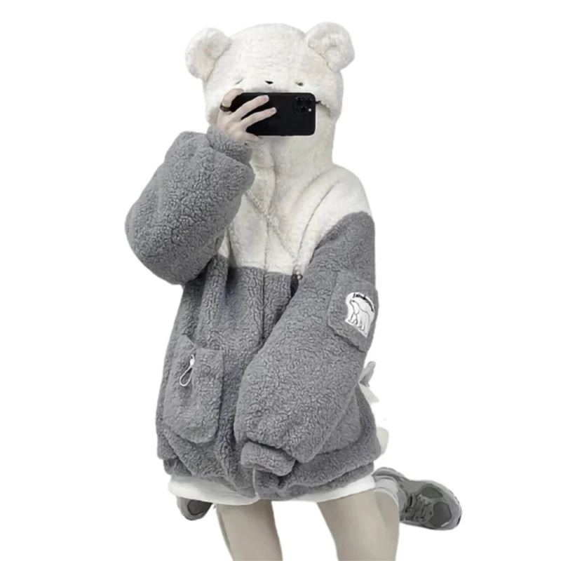 Women Faux Fur Hoodies for Jacket Bear Ears Up Colorblock Sweatshirt Co Dropship