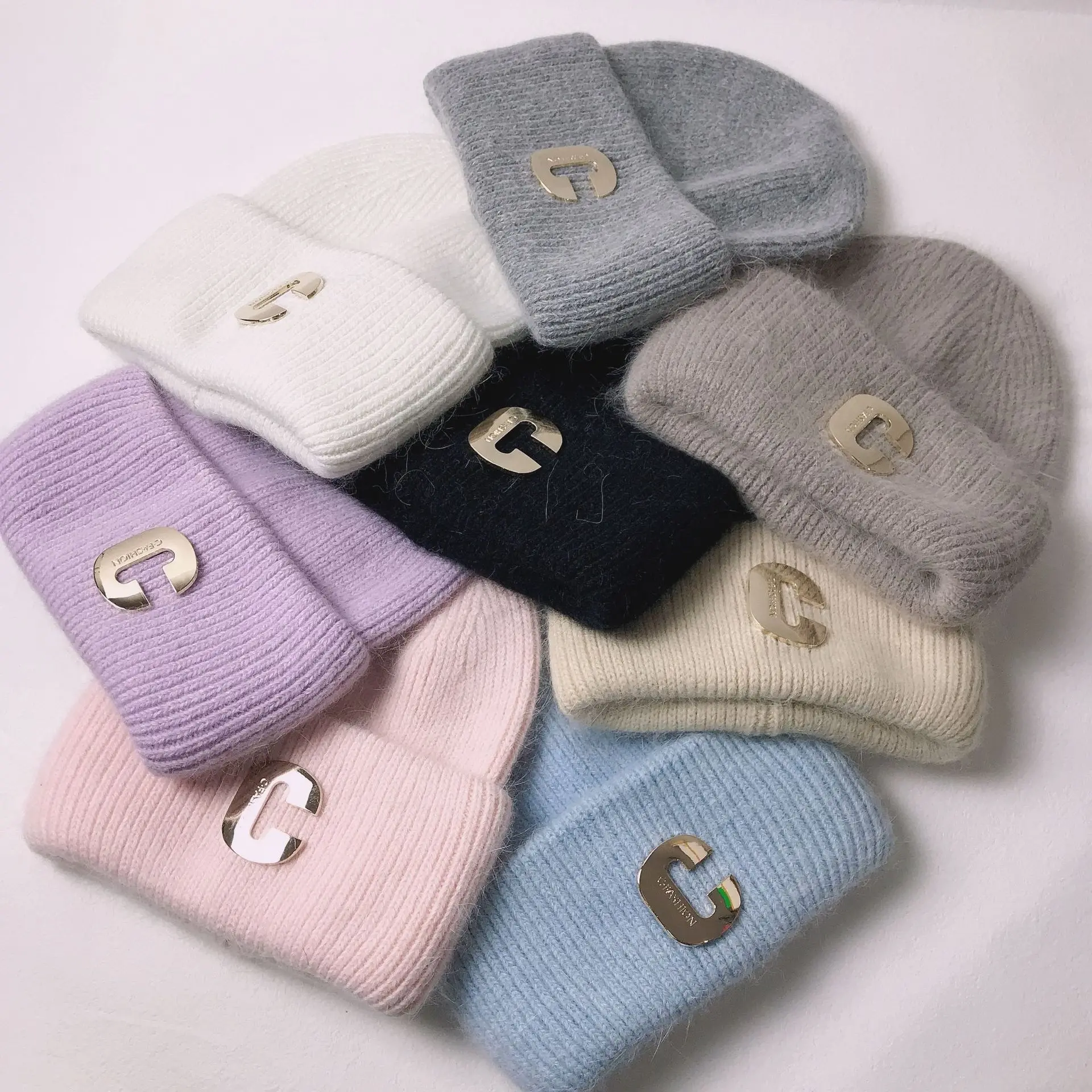 

Autumn and winter soft waxy rabbit hair knitted hat thickened and upgraded C-shaped double fold brim cap for men and women