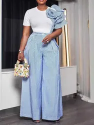 Wide Leg Woman Pants Set Summer Appliques White Top and Stripe Trouser Two Piece Office Ladies Wear Wholesale Dropshipping