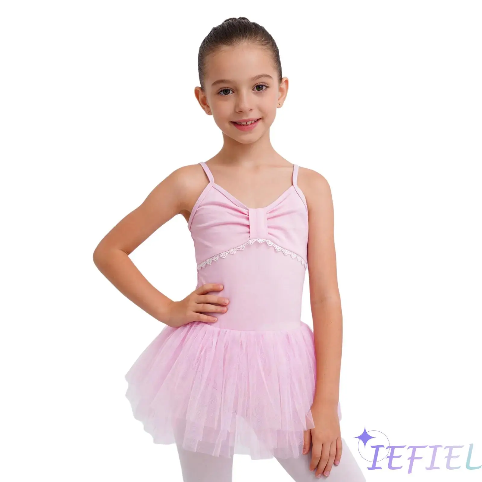 

Child Girls Ballet Tutu Dress Spaghetti Straps Ruched Lace Bodice Tulle Dress with Built In Briefs for Dance Class Practice