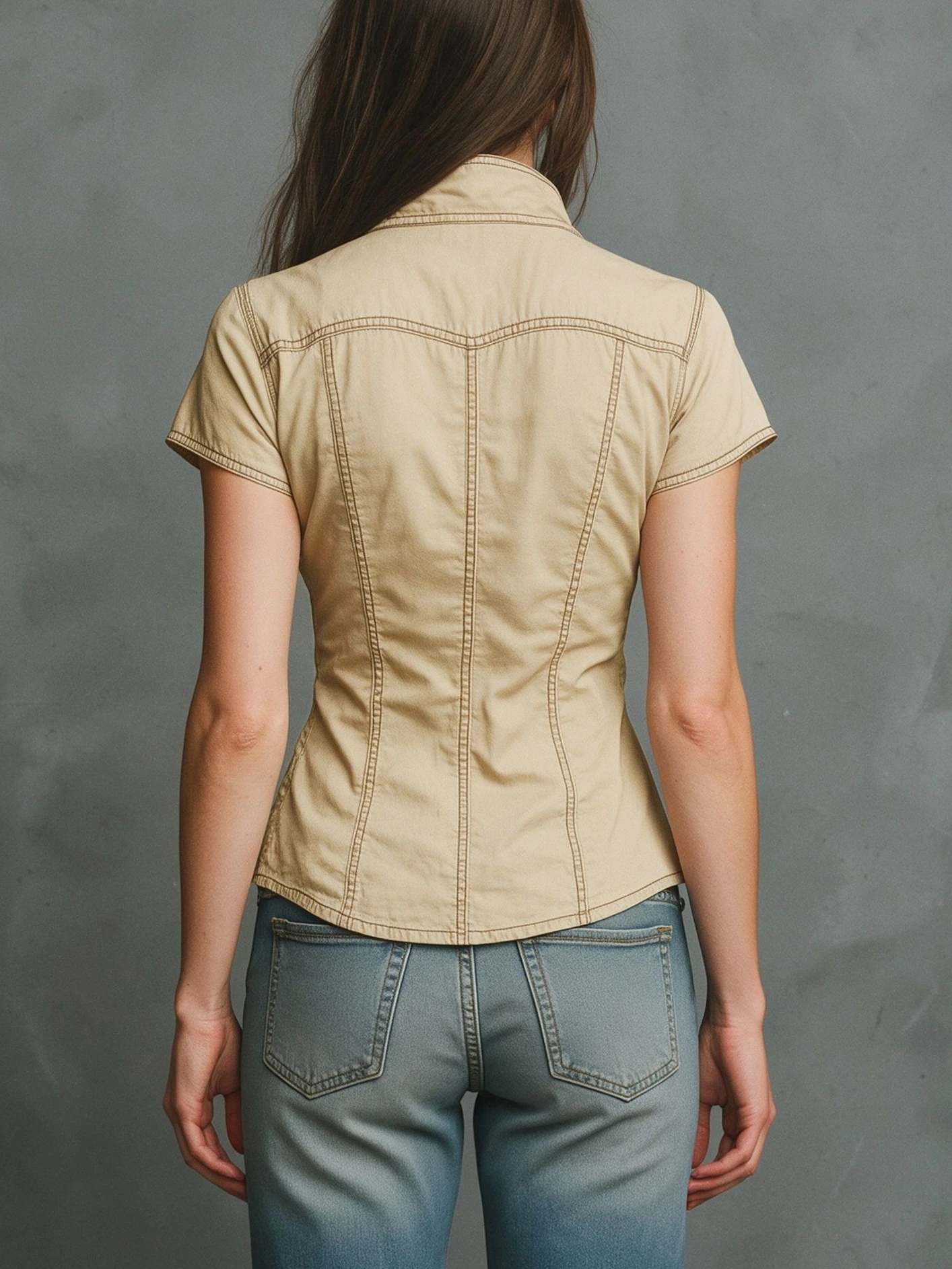 Women's Vintage Western Short Sleeve Shirt, Solid Color Metal Zip Pocket Casual Button-Up Top
