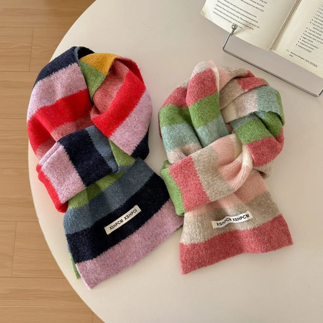 Scarf Rainbow Wool Knitted Scarf  Winter Students Warm  Sweet Instagram Style Korean Style Color Blocks And Stripes Short Scarf