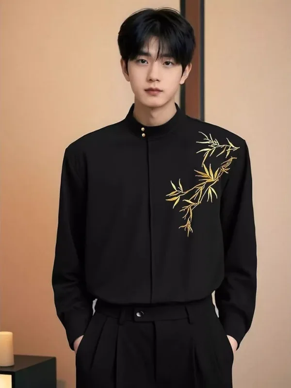 

Мужская рубашка с длинным рукавом в китайском стиле, с вышивкой и воротником из бамбука, для свадьбы и помолвки, формальная, не требует глажки, универсальная