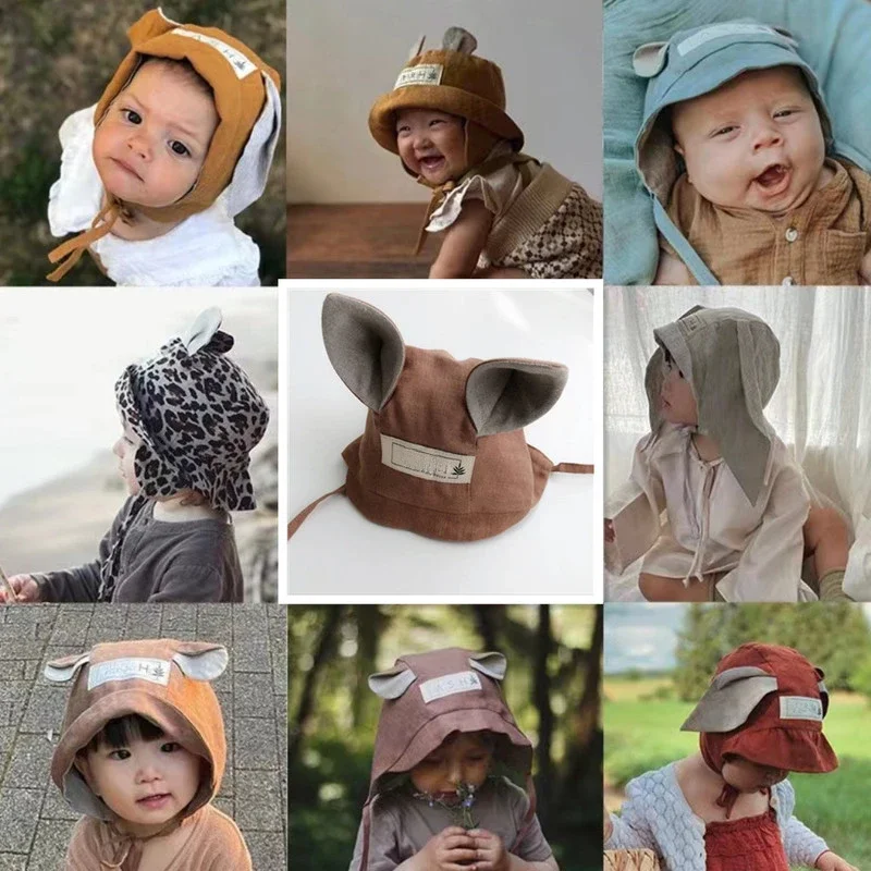 Baby Animal Ears Cute Fisherman Cap Breathable Linen Fetal Hat Kids Fun Squirrel Standing Ear Cotton Linen Sun Hat