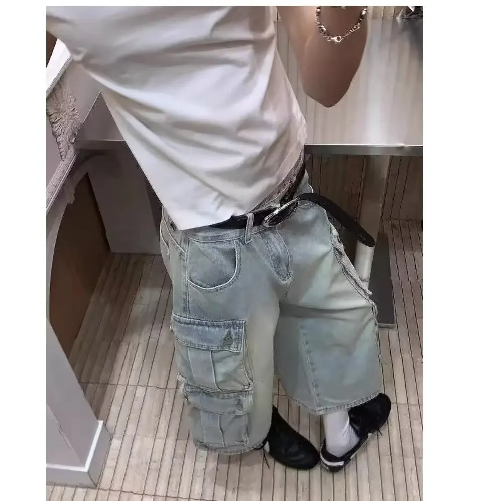 

Summer Large Size 250 Pounds Hong Kong Style Retro Workwear Denim Shorts Men High Street Faded Loose Wide Leg Seven Parts Pants