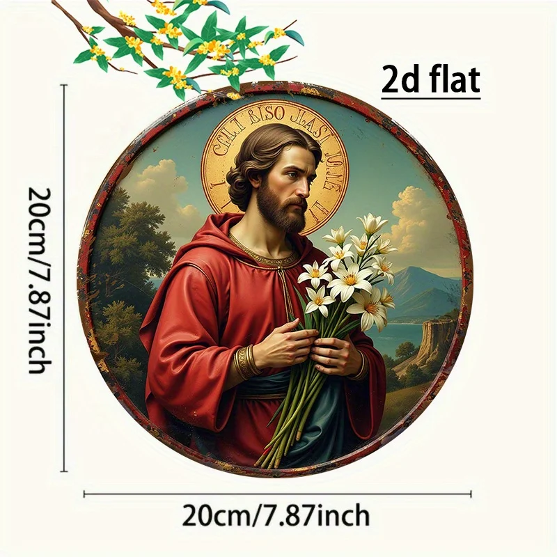 2D Vintage Metal Sign, St Joseph Lily Aluminum Wall Plaque, Retro Catholic Religious Medal Engraved Ornate Frame, for Home Garde