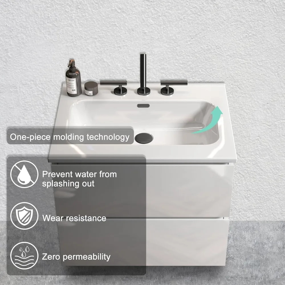 Mounted Floating Bathroom Vanity with Integrated Overflow Sink Basin - High-Gloss White Double Hole Faucet Cabinet 24