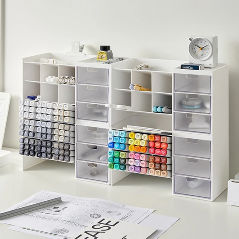 Desktop Stacking Marker 6-grid Inclined Pen Slots Large Capacity Desk Marker Storage Holder with 3 Drawers