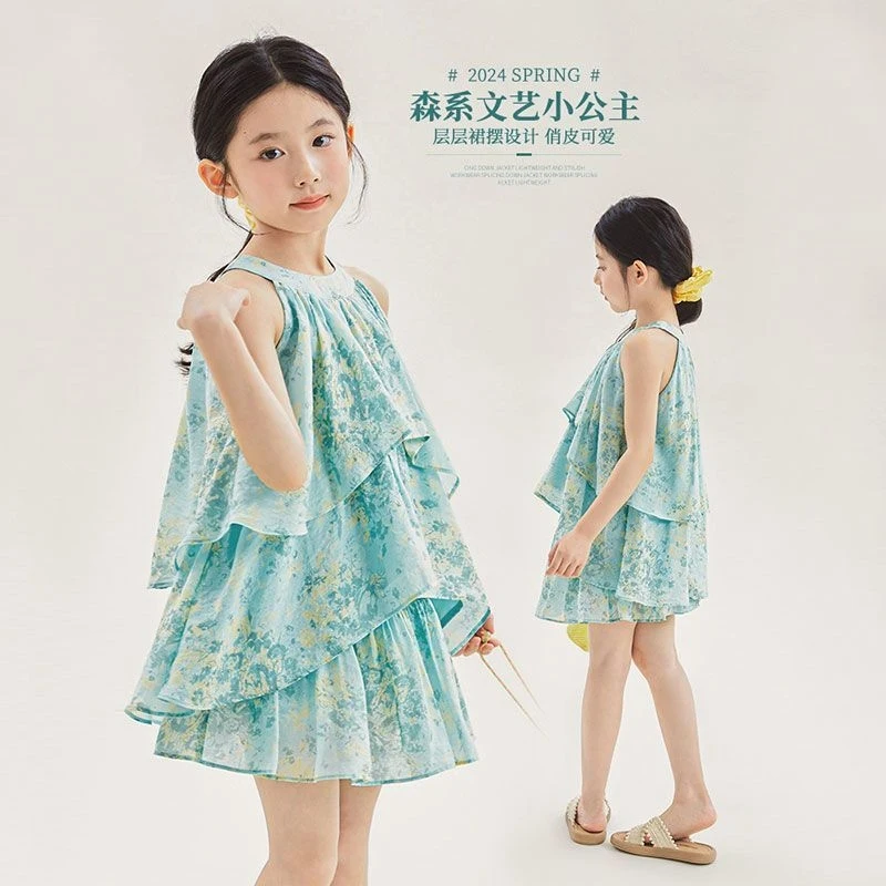 

Girls' summer outfit2026New stylish children's dress, sleeveless floral short skirt two-piece set for older children