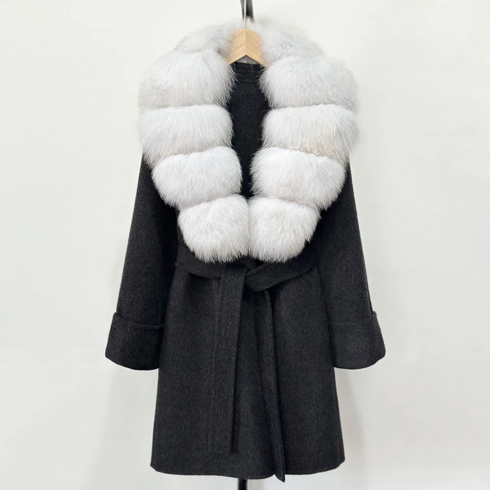 Cappotto di pelliccia di procione naturale con collo in vera pelliccia di volpe da donna 2025 Giacca in misto lana Autunno Inverno Cappotto di lana con cintura monopetto