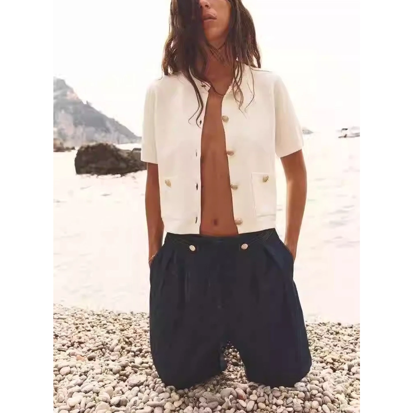 Jesienny Nowy Sweter Rozpinany z Metalowym Guzikiem, Duży Rozmiar, Dzianinowy, Okrągły Dekolt, Otwarty, z Włókna Poliestrowego, Prosty...