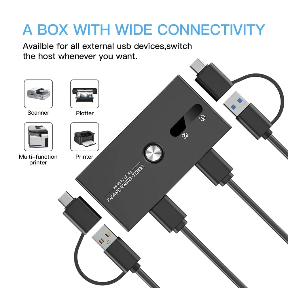 USB C Schakelaar&USB A Schakelaar 2 in 1 USB3.0 KVM Schakelaar 2 Computers Delen USB C-A Apparaten 4 Port Delen Toetsenbord en Muis/Printer/Scanner (Niet Ondersteuning Opladen/Monitor)