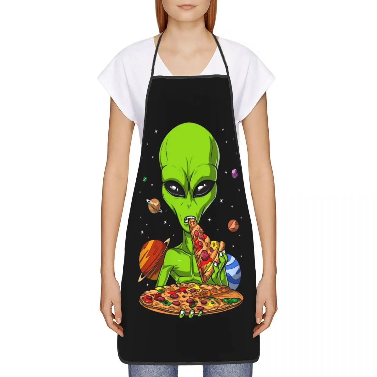 Unisex Space Alien Eating Pizza Bib Apron Adult Women Men Chef Tablier Cuisine for Kitchen Cooking Cartoon Baking