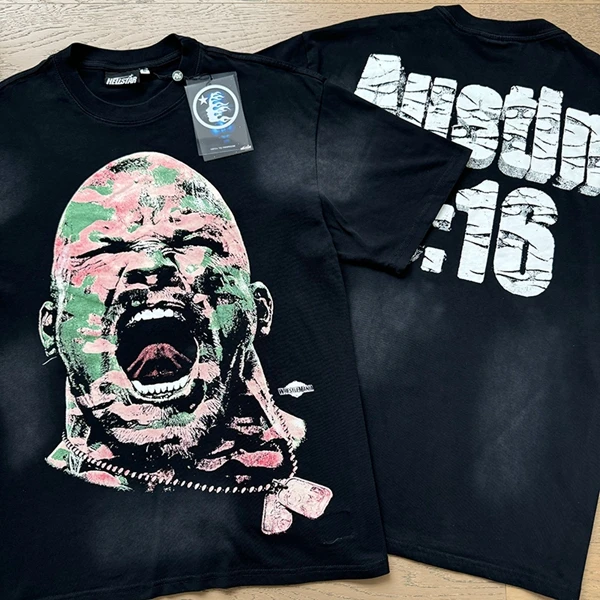 

Heii Hell Star Retro Waed Print High Street Loose ex ort Sve Summer T-irt Youth Faion Cotton round Ne Top