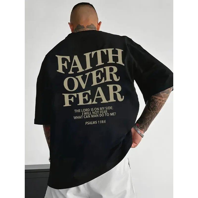 FAITH OVER FEAR Men's Printed Short Sleeved T-shirt Men's High Street T-shirt High-Quality Comfortable Short Top Pure Black Top