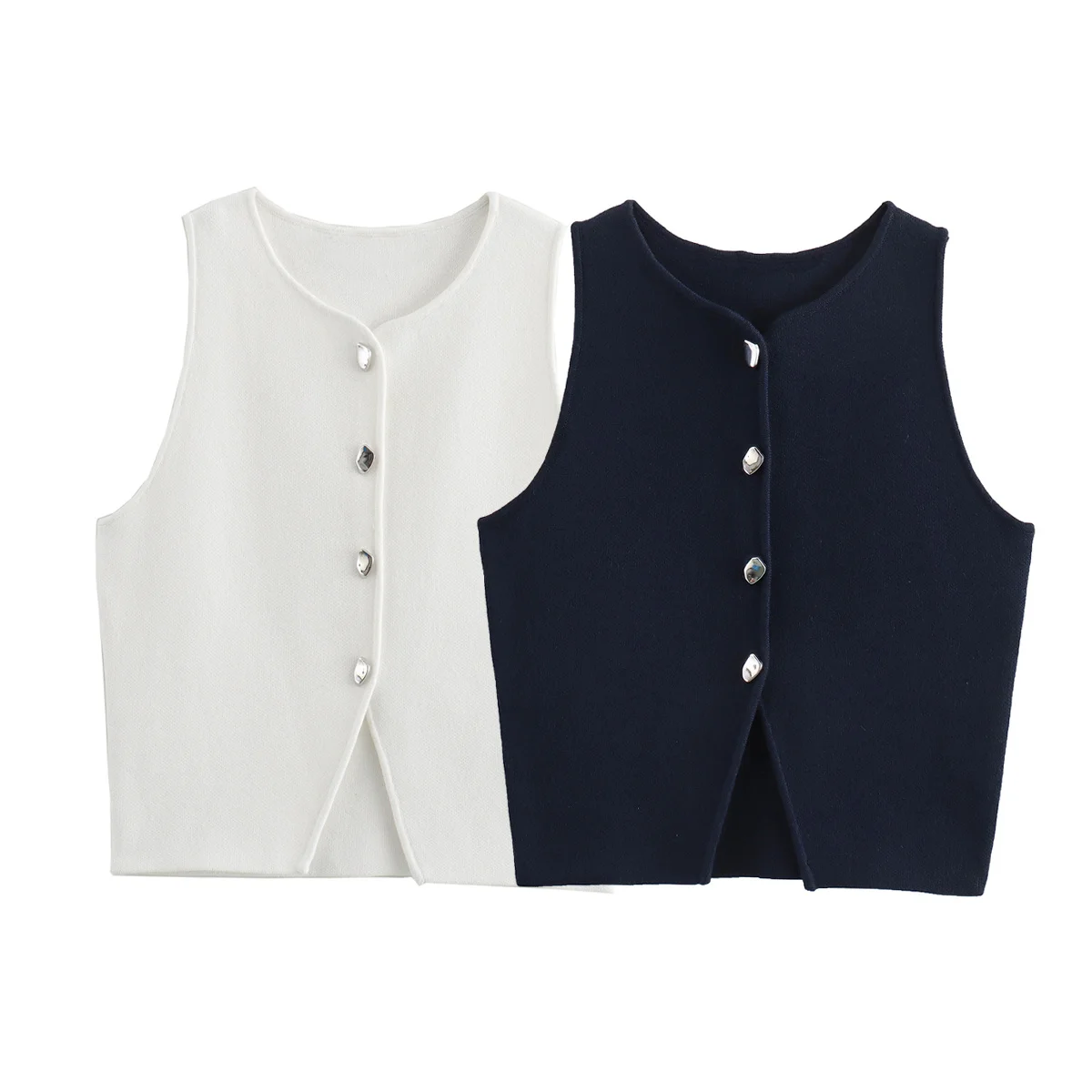 TRAF Waistcoat Women Fashion Cropped Knit Vest Top Summer Sleeveless Woman Blue White Vest Streetwear Knitted Short Coats