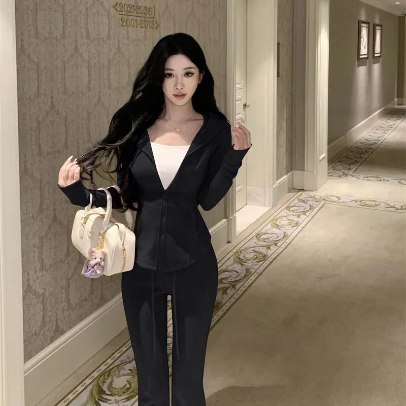 Elegant Zipper Hoodie Jacket Women's Spring Autumn Casual Sporty Two-Piece Set Long Pants Flared Leg Brandless Fashion