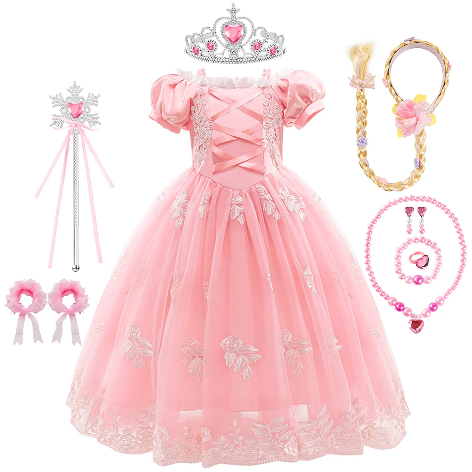 Girls Rapunzel Pink Princess Dress Kids Cosplay Costume Children Birthday Carnival Halloween Party Floral Print Disguise Gown image 5